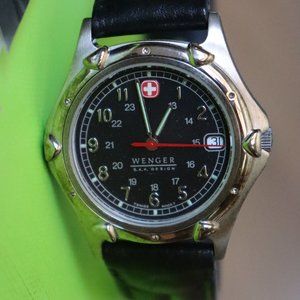 1990s Wenger S.A.K. Men's Swiss Wrist Watch With Black Leather Band